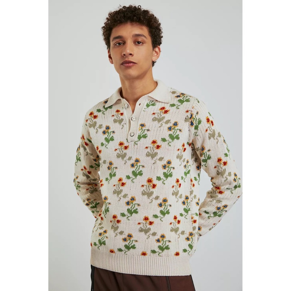 Corridor Floral Knit Polo Shirt Men Natural Size Small NWT Pima Cotton $365